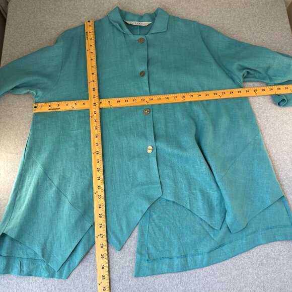 Itemz Chris Baumgartner One Size Button-Up Shirt Aqua Blue Linen Asymmetric Hem - Picture 10 of 12